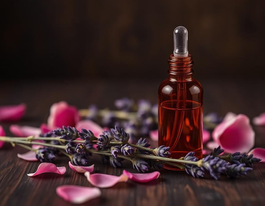 Aromatherapy oil bottle with rose petals