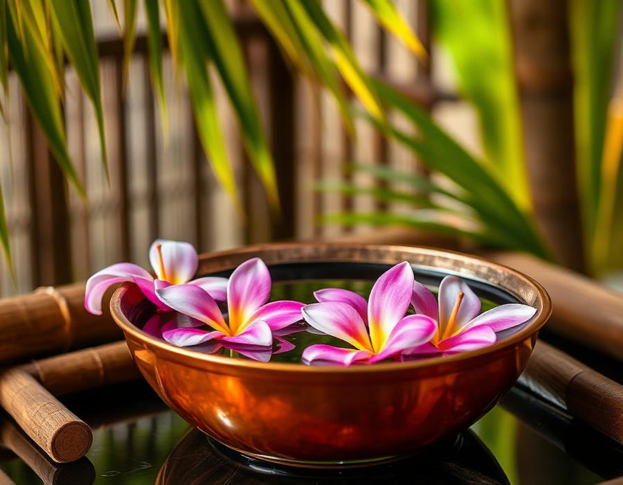 Balinese copper bowl with frangipani