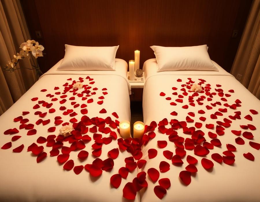 Couple spa suite with rose petals and candles
